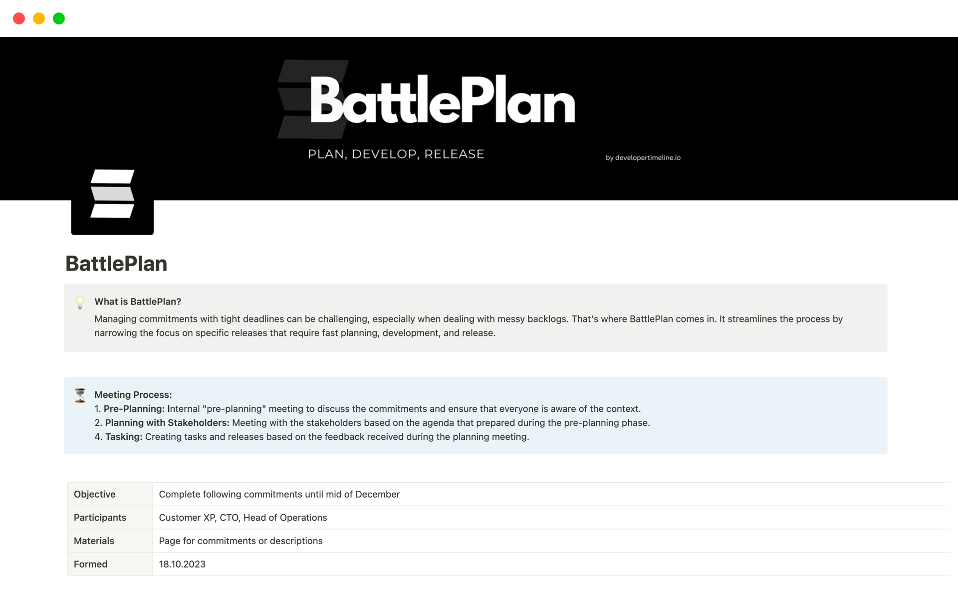 A template preview for BattlePlan